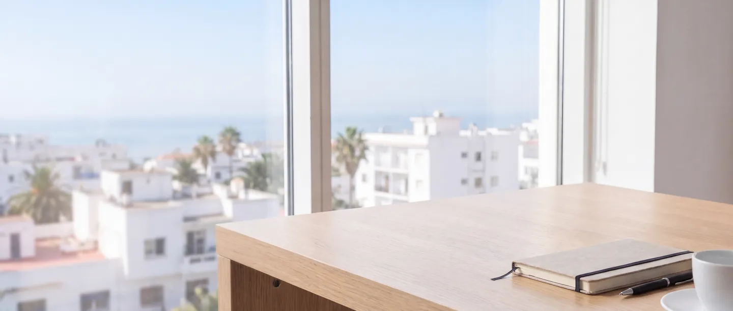 Téléphone IP Fanvil X4U sur un bureau en chêne clair, devant une baie vitrée ouverte sur les toits blancs de Casablanca