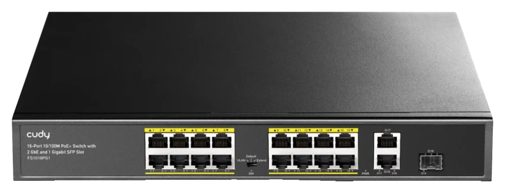 Switch PoE+ 16 ports 10/100 avec 2 ports Gigabit et 1 SFP, 200 W, Cudy FS1018PS1