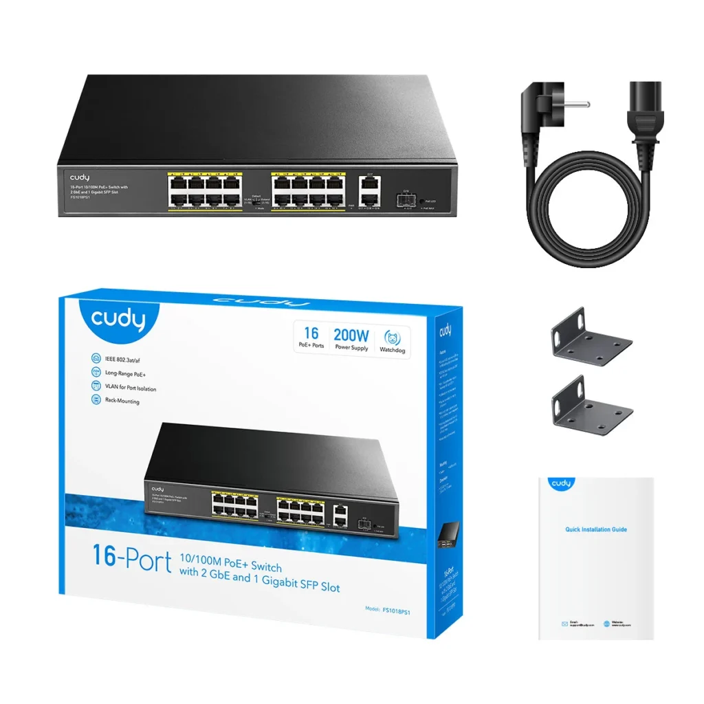 Switch PoE+ 16 ports 10/100 avec 2 ports Gigabit et 1 SFP, 200 W, Cudy FS1018PS1 – vue 3