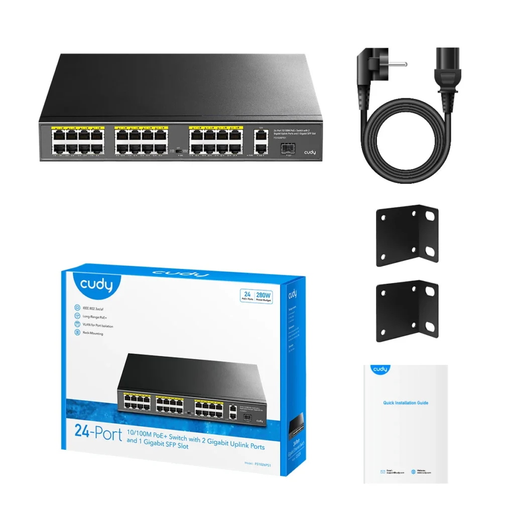 Switch PoE+ 24 ports 10/100 avec 2 ports Gigabit et 1 SFP, 300 W, Cudy FS1026PS1 – vue 4