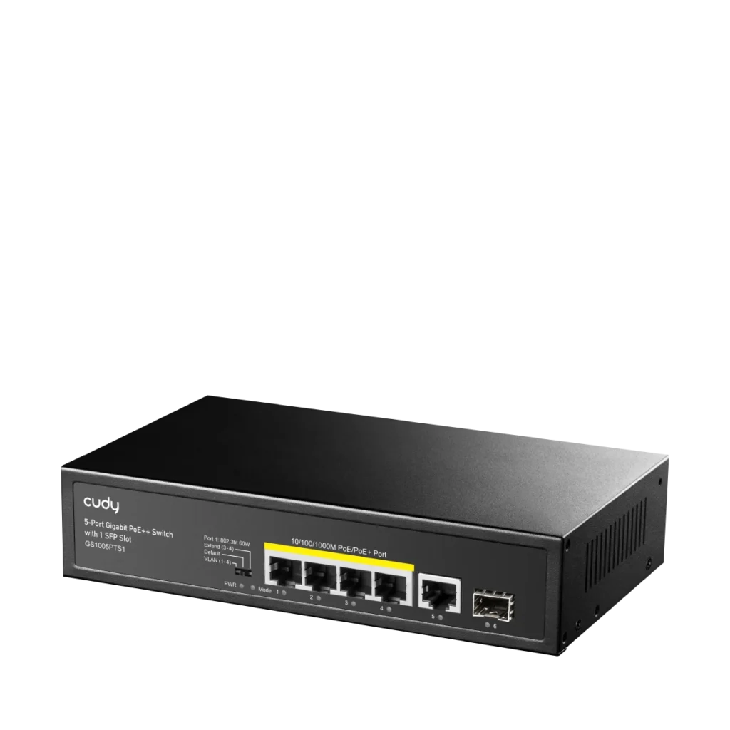 Switch PoE+ 5 ports Gigabit avec 1 port SFP, 120 W, Cudy GS1005PTS1 – vue 2