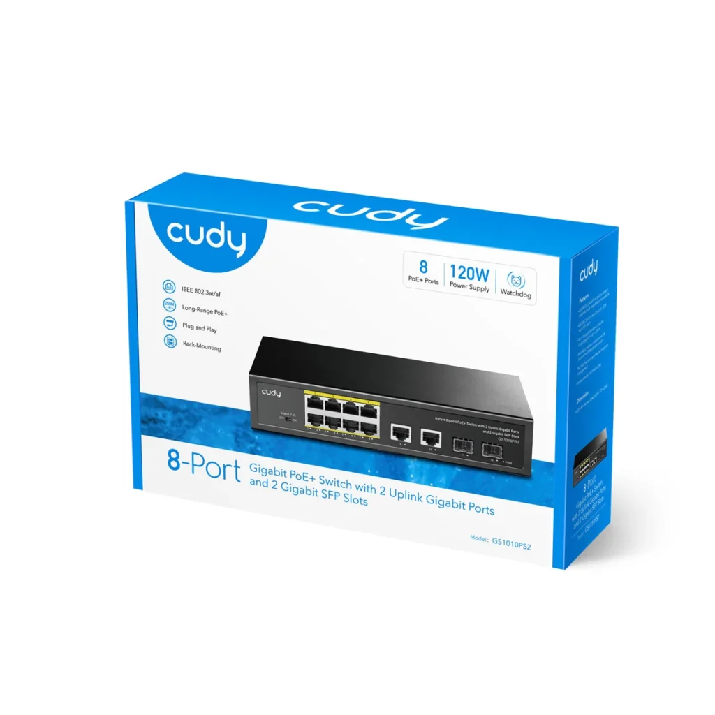 Switch PoE+ 8 ports Gigabit avec 2 uplinks et 2 SFP, 120 W, Cudy GS1010PS2 – vue 4