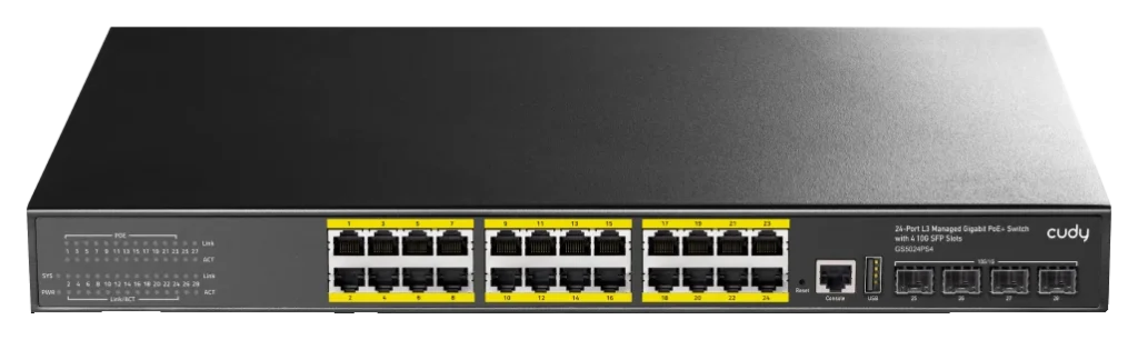 Switch PoE+ manageable niveau 3, 24 ports Gigabit, 4 SFP+ 10G, Cudy GS5024PS4-400W