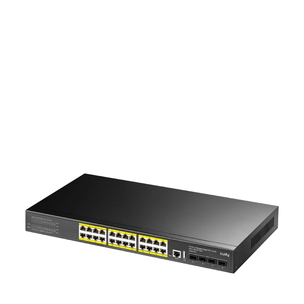 Switch PoE+ manageable niveau 3, 24 ports Gigabit, 4 SFP+ 10G, Cudy GS5024PS4-400W – vue 2